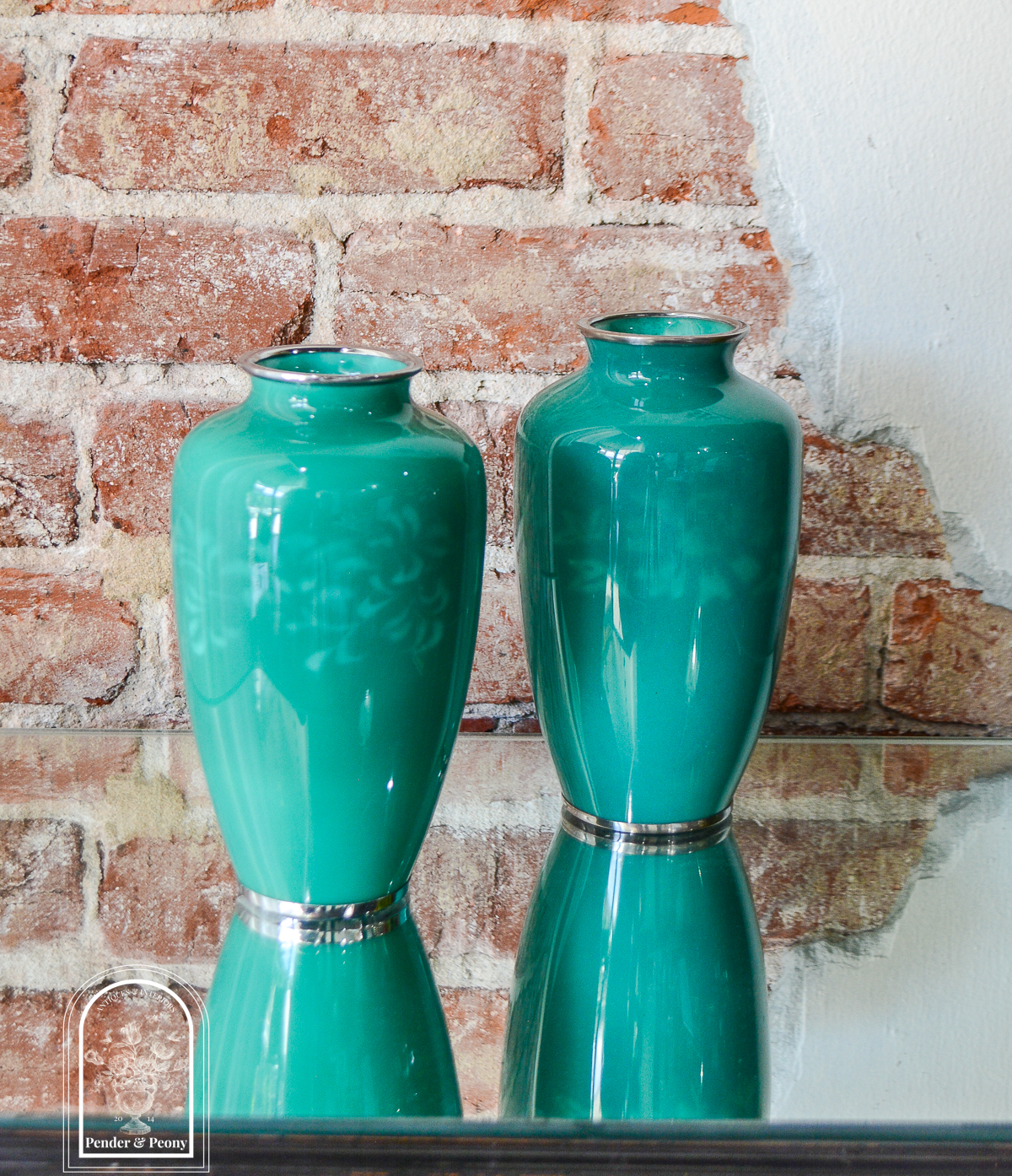 Pair of musen-shippo green wireless cloisonne vases