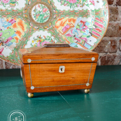 English Regency sarcophagus tea caddy with mother of pearl and pewter inlay