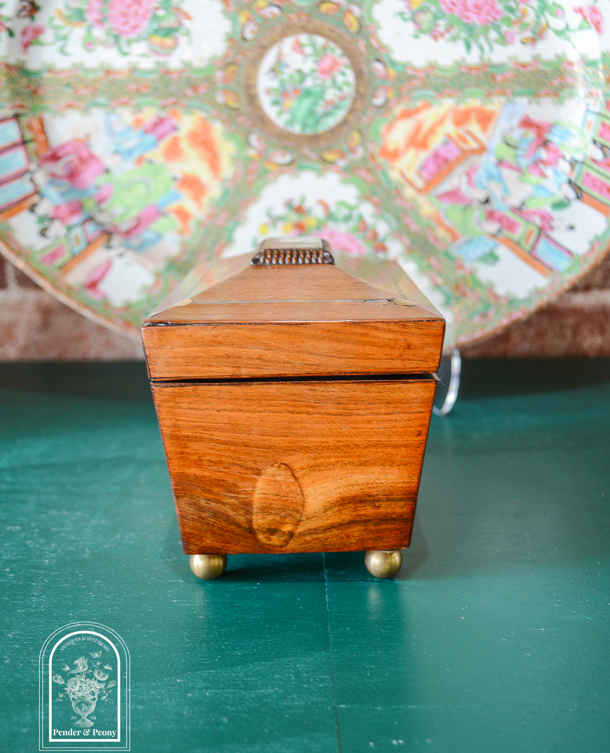 English Regency sarcophagus tea caddy with mother of pearl and pewter inlay