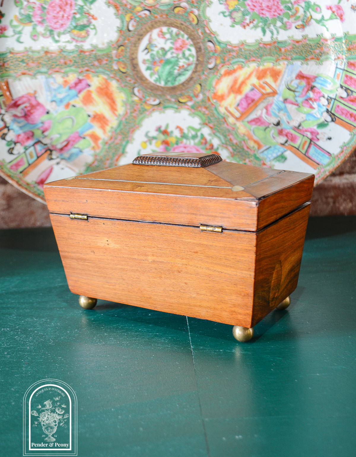 English Regency sarcophagus tea caddy with mother of pearl and pewter inlay