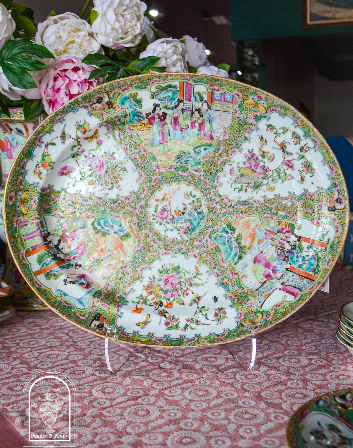 16 inch Rose Medallion platter with delicate colors and 6 reserves around central medallion