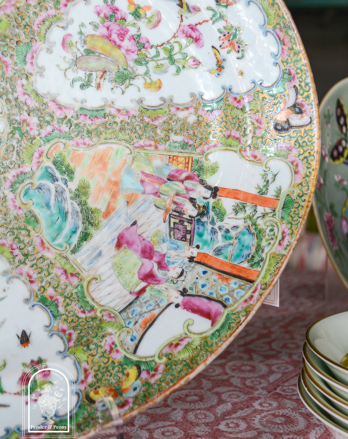 16 inch Rose Medallion platter with delicate colors and 6 reserves around central medallion