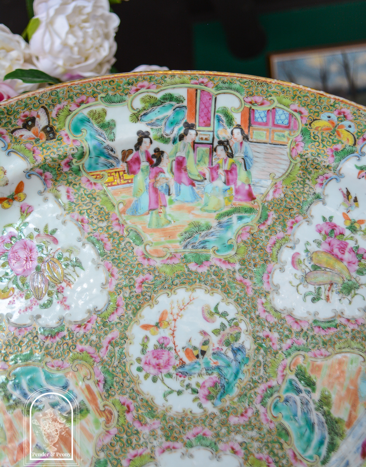 16 inch Rose Medallion platter with delicate colors and 6 reserves around central medallion