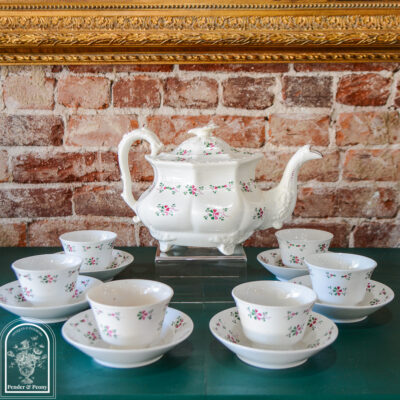 Pink and green floral sprigware teaset
