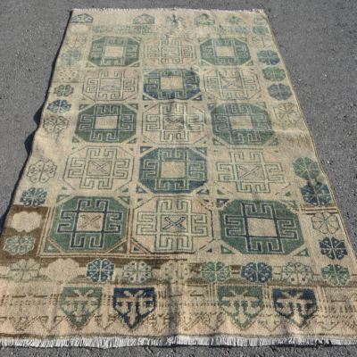 Vintage Oushak Turkish Rug in Beige & Green 3.8x6.2 ft