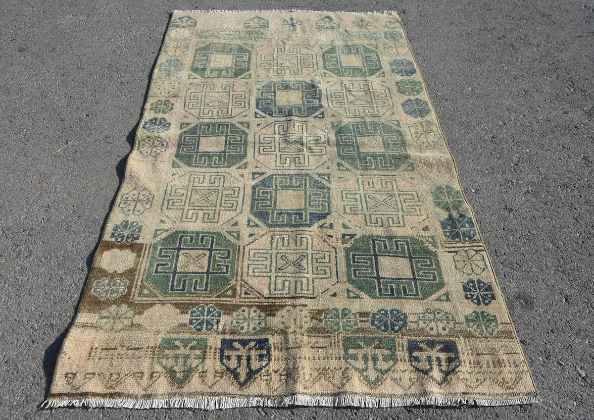 Vintage Oushak Turkish Rug in Beige & Green 3.8x6.2 ft