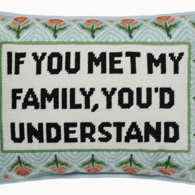 "If you met my family, you'd understand" needlepoint pillow