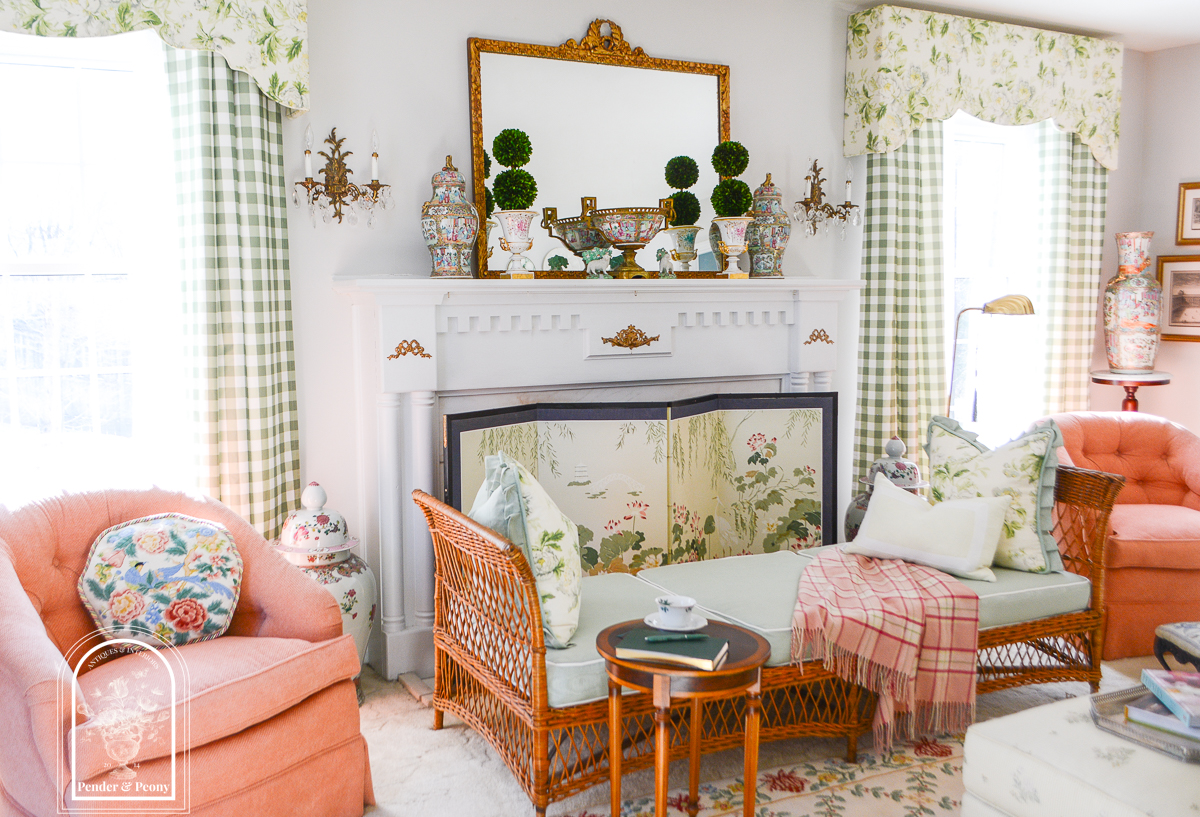 Katherine's traditional maximalist living room in green and white with pops of pink