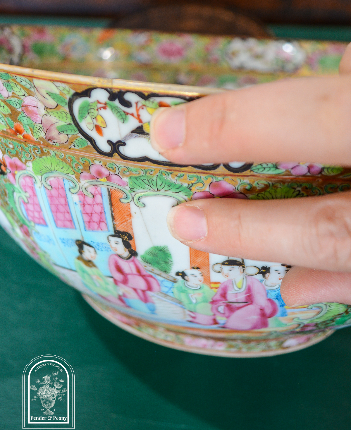 19th C Rose Medallion Punch Bowl 13"D - Image 12