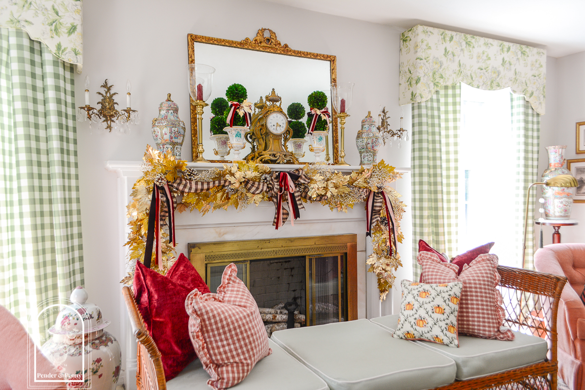 A fall mantel garland idea in gold and burgundy -- no pumpkins -- no orange!