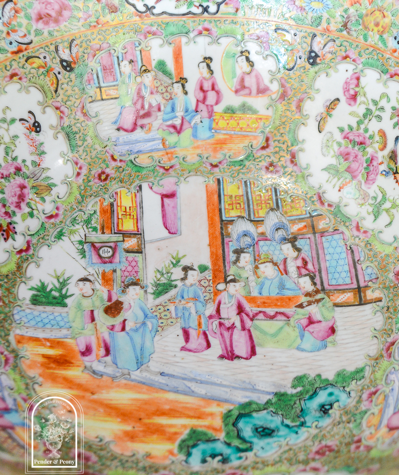 Detail view of Rose Medallion/Mandarin bowl
