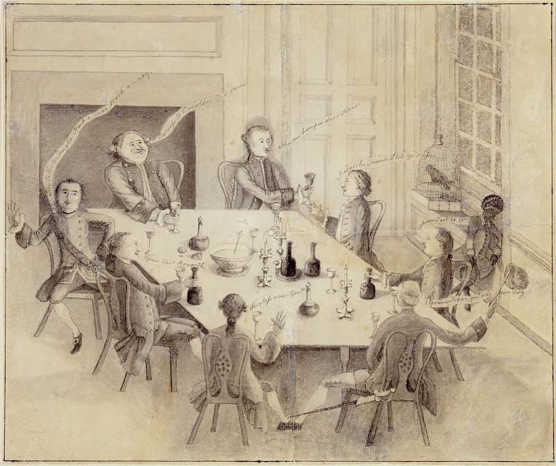 18th century men around table drinking with punch bowl in center of table