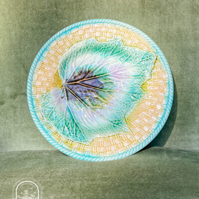 Adams & Bromley Majolica Plate with Begonia Leaf on Basket Weave