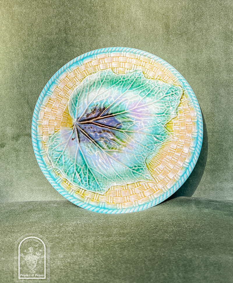 Adams & Bromley Majolica Plate with Begonia Leaf on Basket Weave