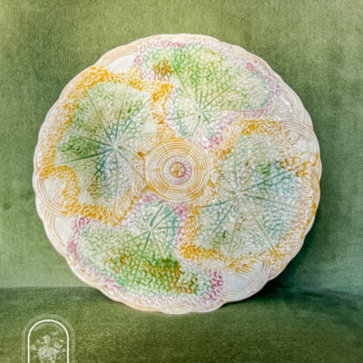 Yellow and green Majolica plate with begonia leaves- 19th c. - shop now on penderandpeony.com