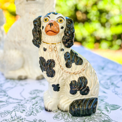 Black and white Staffordshire Spaniel with gilt chain, 19th century, English -- shop on penderandpeony.com