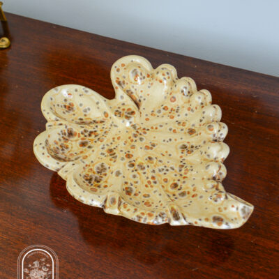 Ceramic leaf dish with brown and amber spatterware decoration, vintage, available at penderandpeony.com