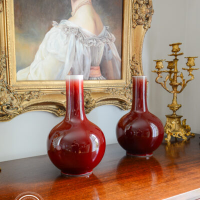 Pair of Chinese oxblood bottle vases, vintage mid-century, Jingdezhen revival