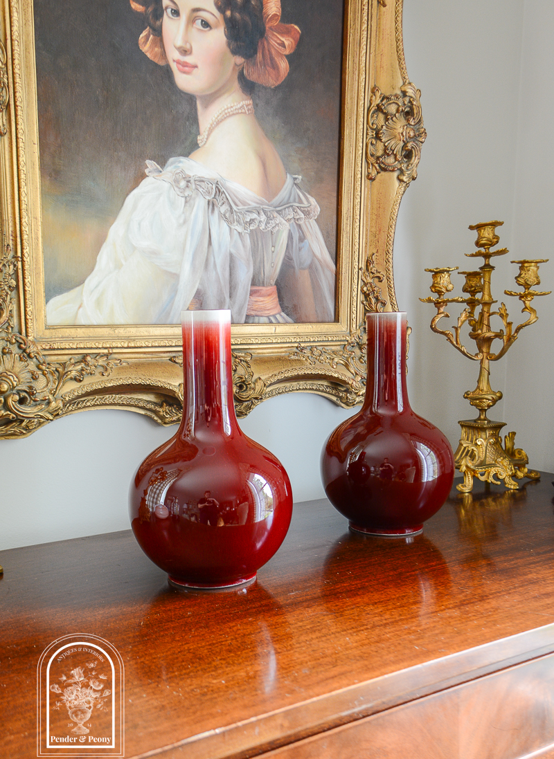 Pair of Chinese oxblood bottle vases, vintage mid-century, Jingdezhen revival