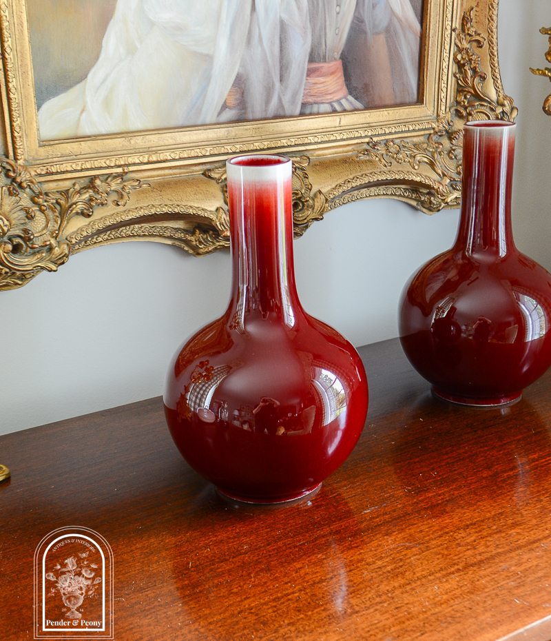 Pair of Chinese oxblood bottle vases, vintage mid-century, Jingdezhen revival