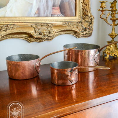 Early 1800s copper pots with copper handles, set of 3, available on penderandpeony.com