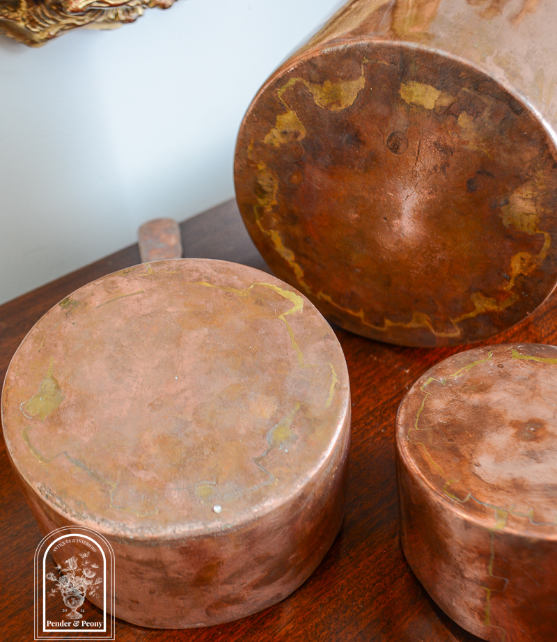 Early 1800s copper pots with copper handles, set of 3, available on penderandpeony.com