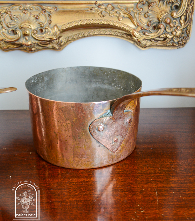 Early 1800s copper pots with copper handles, set of 3, available on penderandpeony.com
