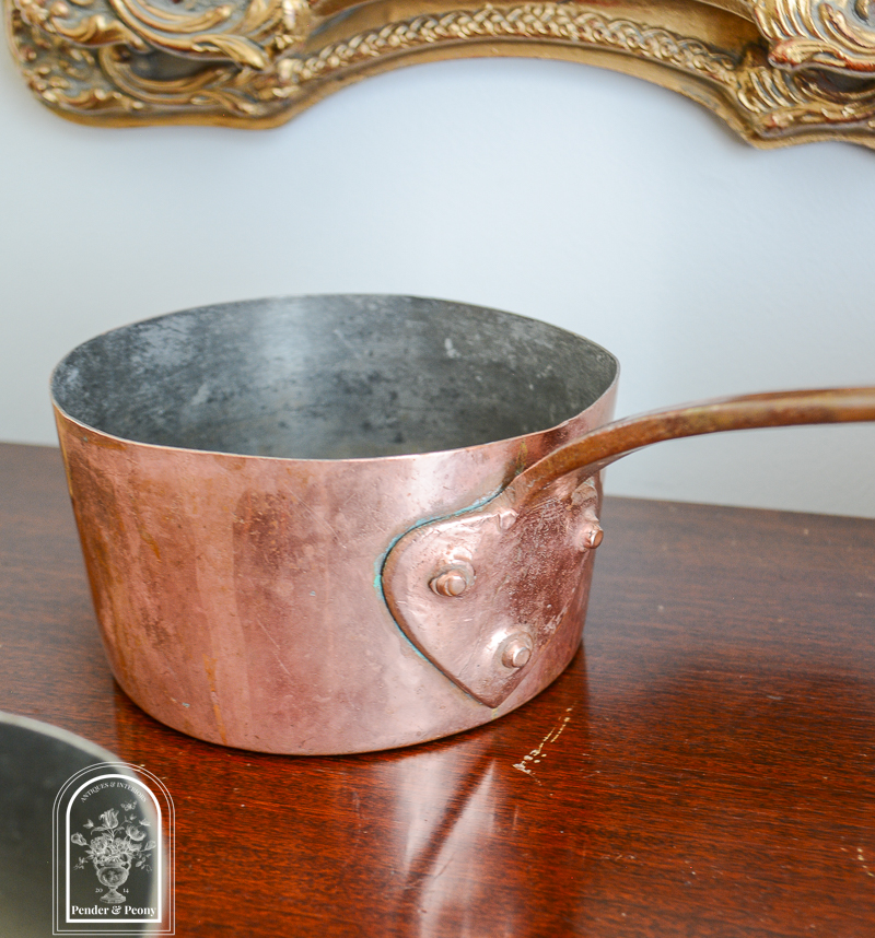 Early 1800s copper pots with copper handles, set of 3, available on penderandpeony.com