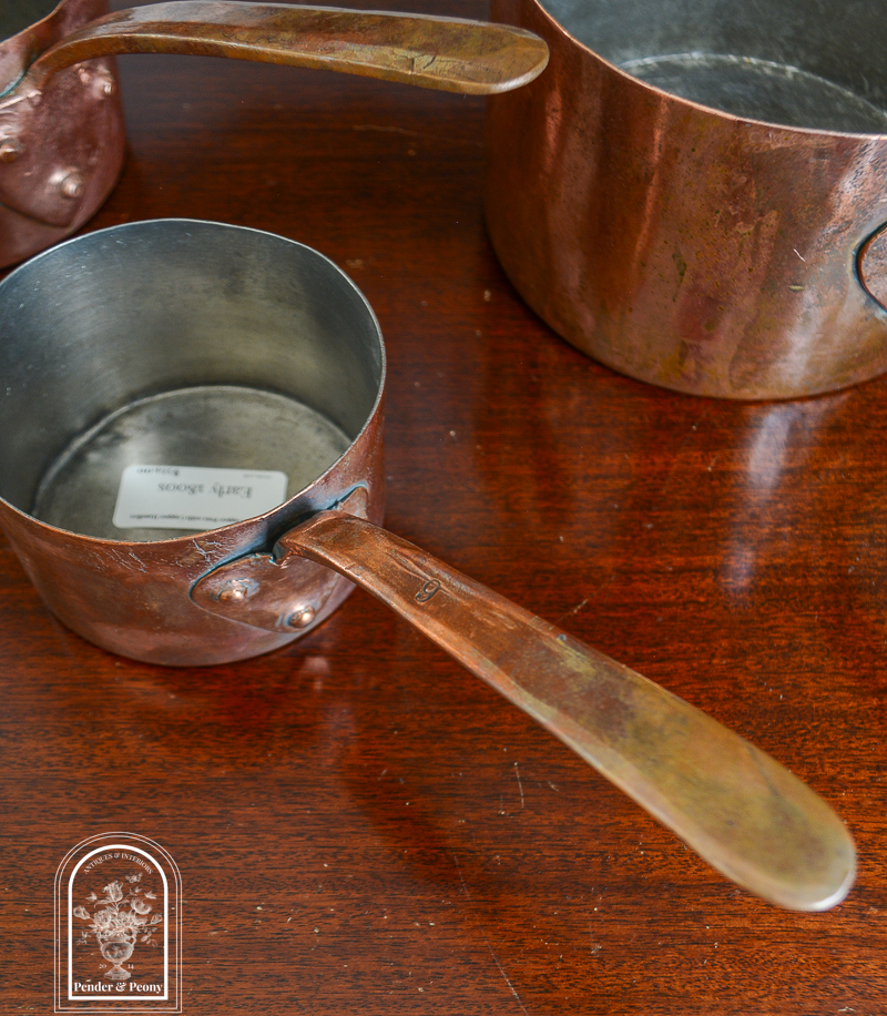 Early 1800s copper pots with copper handles, set of 3, available on penderandpeony.com