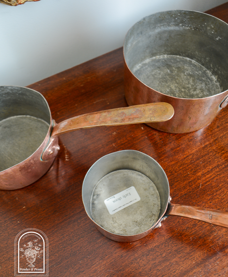 Early 1800s copper pots with copper handles, set of 3, available on penderandpeony.com