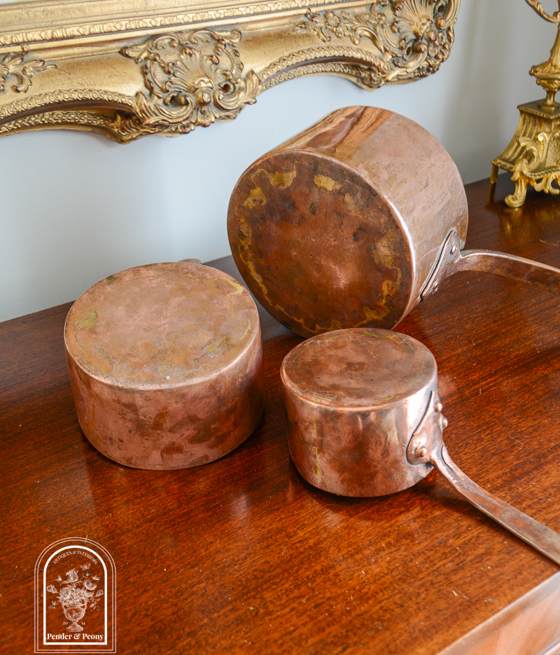 Early 1800s copper pots with copper handles, set of 3, available on penderandpeony.com