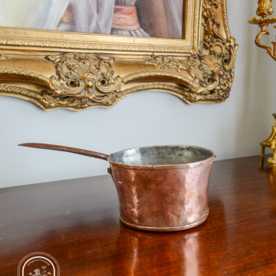 Early copper pot with crimp seam, iron handle, available on penderandpeony.com