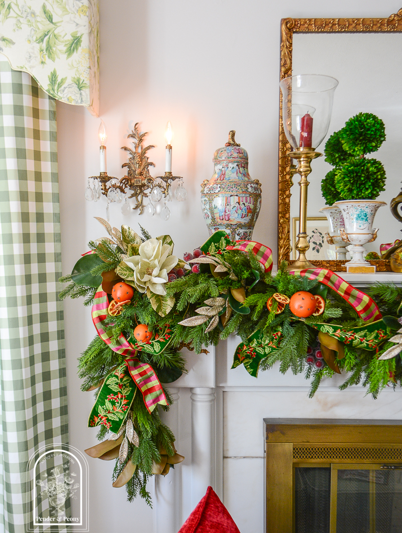 DIY Christmas garland idea mixing Colonial Williamsburg style with Grandmillennial for a traditional Christmas look that feels festive and bright!