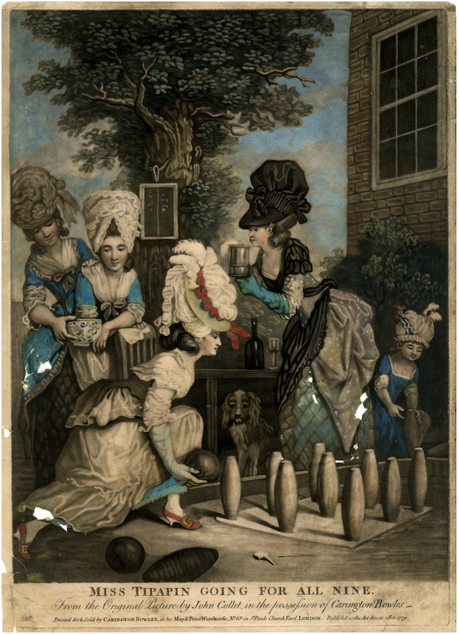 Women in 18th century bowing and drinking punch - mezzotint