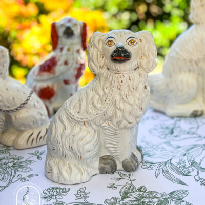 White Staffordshire Spaniel with gilt chain, 19th century, English -- shop on penderandpeony.com