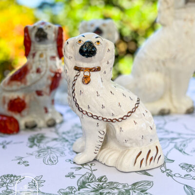 White Staffordshire Spaniel with copper lustre chain, 19th century, English -- shop on penderandpeony.com