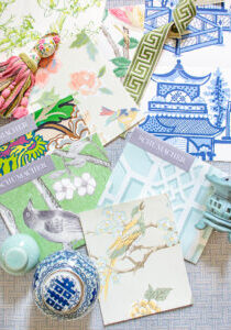 Collage of Chinoiserie wallpapers - samples from Schumacher, York, and Sanderson
