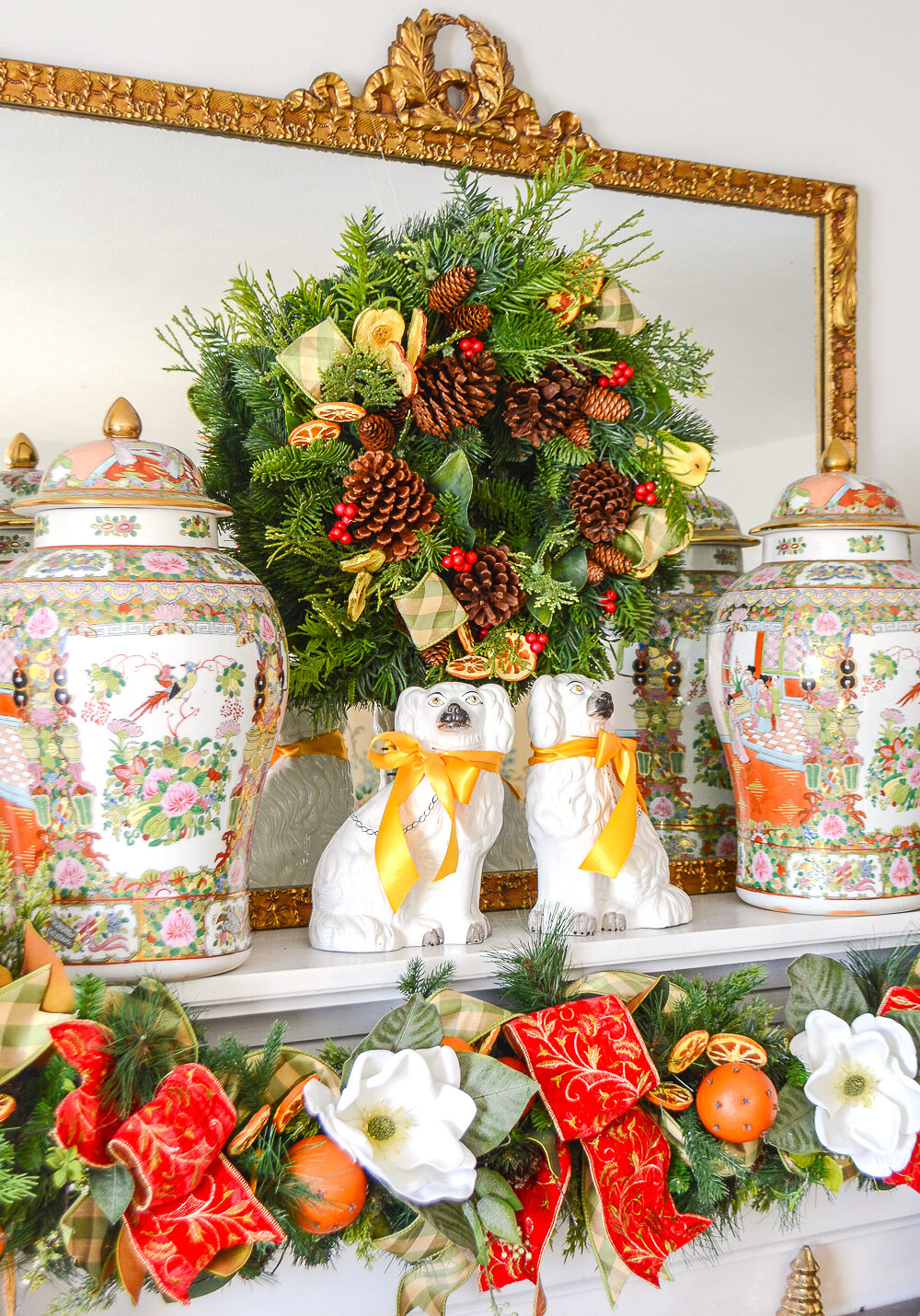 Two ideas for dressing up a pretty evergreen wreath with pinecones.