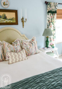 Striped silk headboard, Taplow Shams, Scrolling Fern accent pillow, ivory waffle duvet, green velvet quilt
