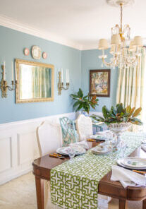 Traditional dining room in aqua and white with grandmillennial decor