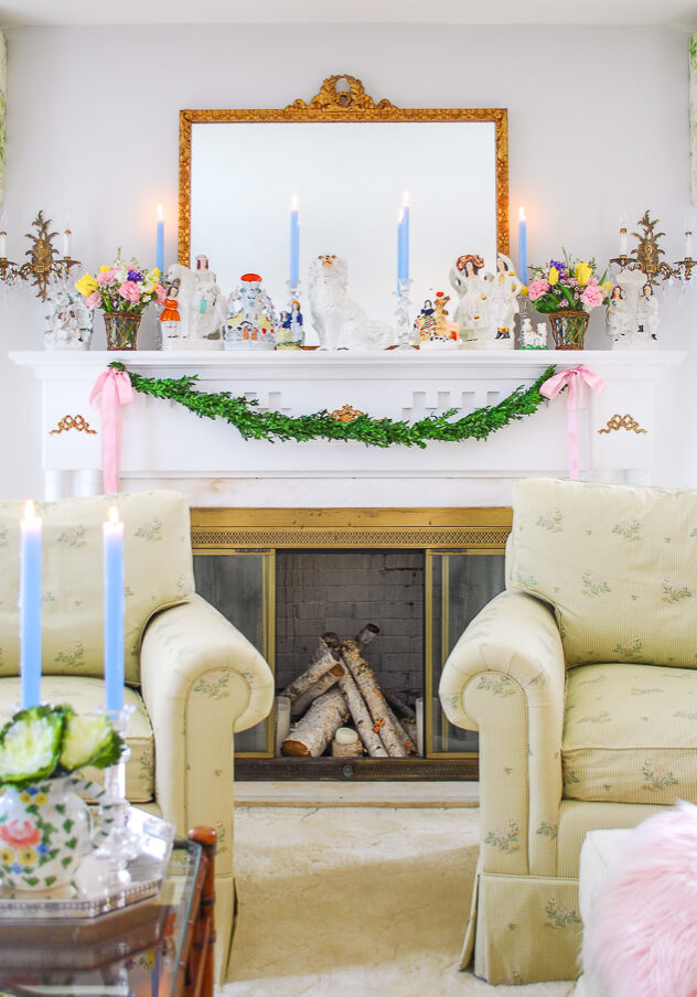 Spring mantel filled with Staffordshire figurines for my colorful Southern home tour