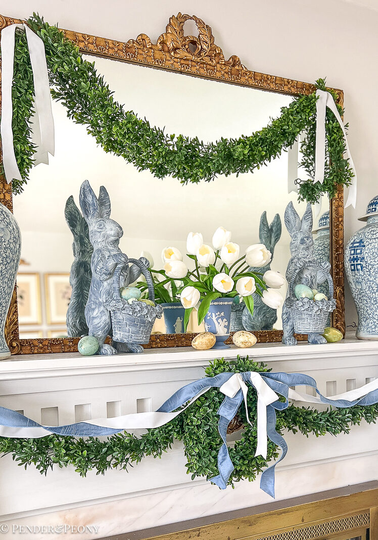 Boxwood and bunnies blue and white Easter mantel with Regency inspired decor