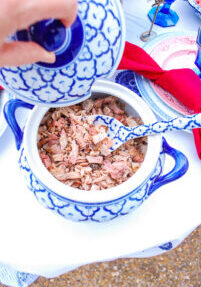 A tureen filled with Carolina BBQ chopped