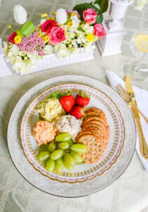 classic Southern salad trio plate with chicken salad, egg salad, and pimento cheese