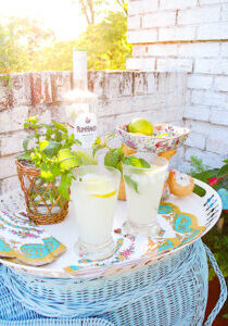 sun shines through bottle of Rum Haven set up for coconut mojito bar