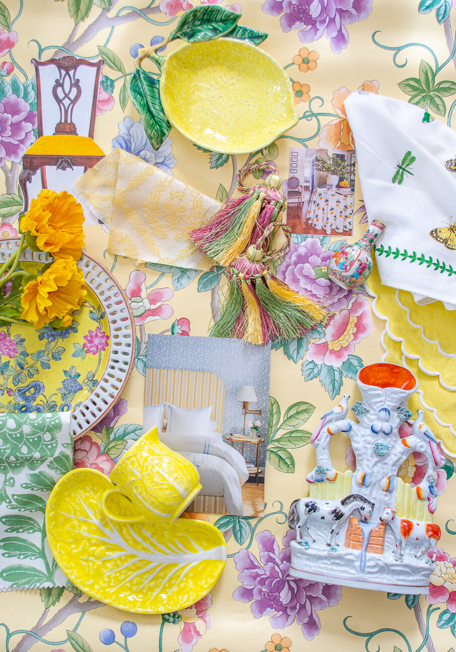 Decorating with yellow flat lay with yellow ceramics, fabric, wallpaper, and decorative accents