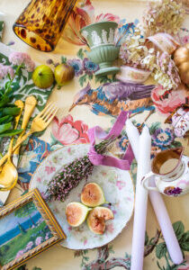 Delicious autumn decor inspiration for the grandmillennial - flatlay of fall themed antiques, decor, tableware