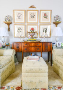 Dogwood house formal living room transformation with floral decor from antique botanical prints to rose patterned upholstry