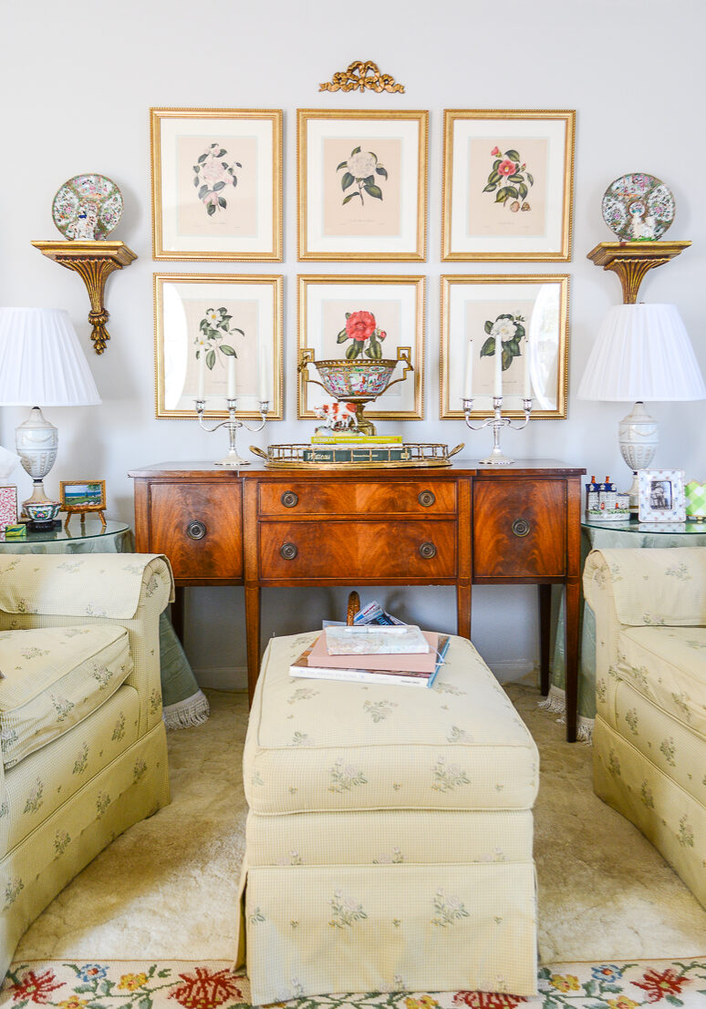 Dogwood house formal living room transformation with floral decor from antique botanical prints to rose patterned upholstry