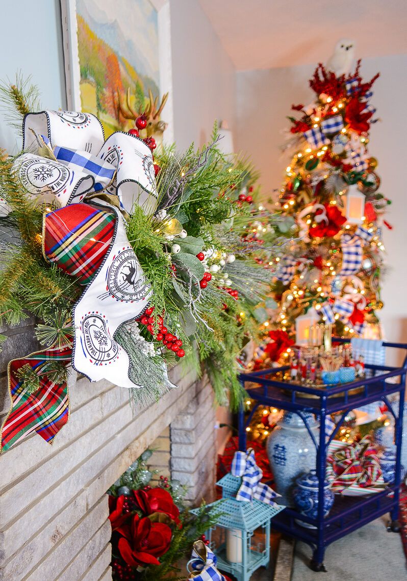 angle view of multi-ribbon multi-loop bow on Katherine's family room mantel garland